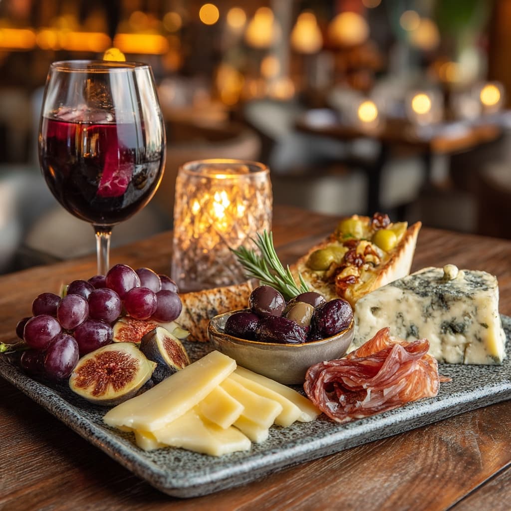 Tabla de quesos artesanales, charcutería e higos con copa de sangría