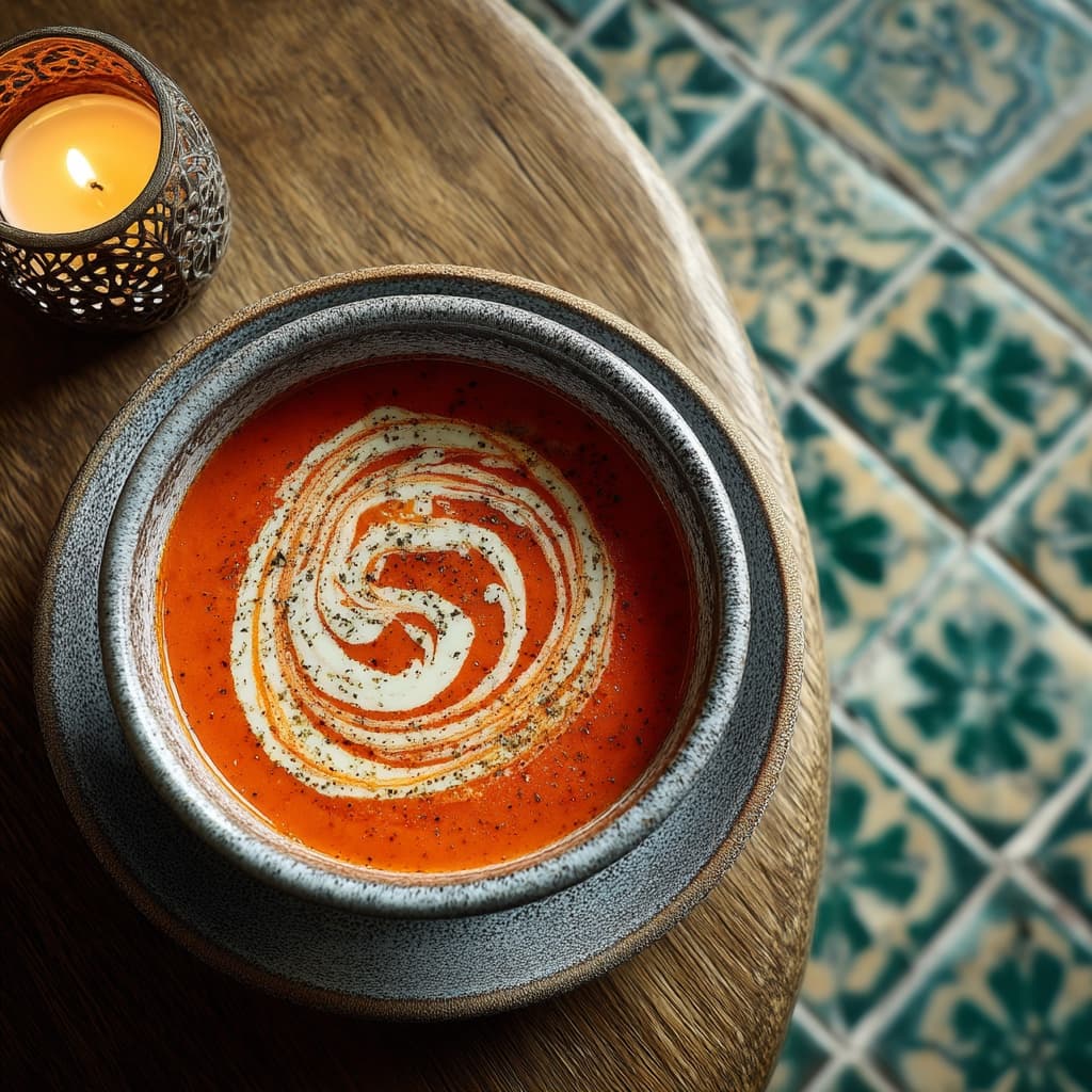 Crema de tomate con espiral de crema en vajilla artesanal gris sobre zellige verde