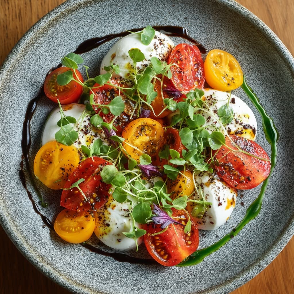 Ensalada de burrata con tomates heirloom, microgreens y reducción balsámica