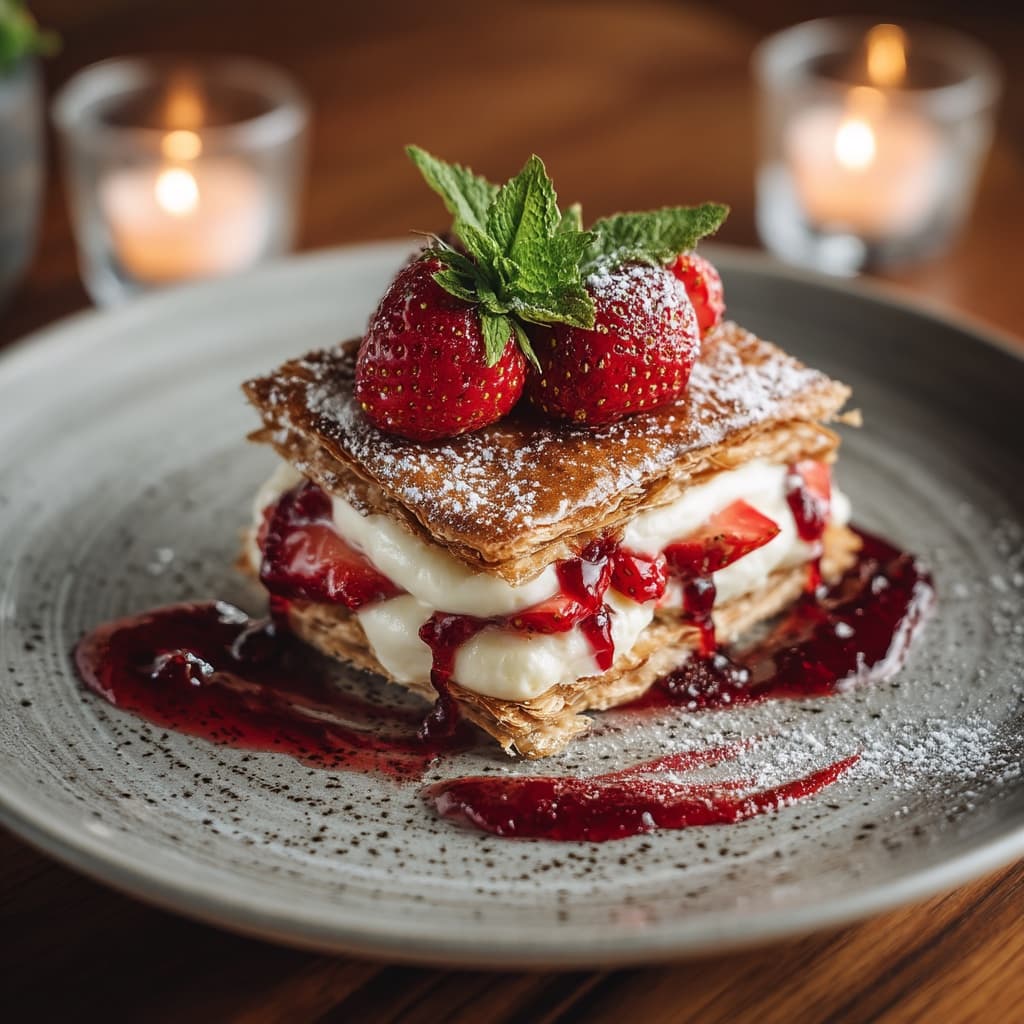 Millefeuille de fresa con crema pastelera y menta fresca