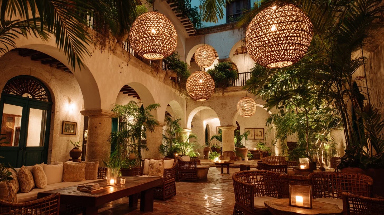 Patio central de Ampare — lámparas de ratán, arcos coloniales y vegetación tropical de noche