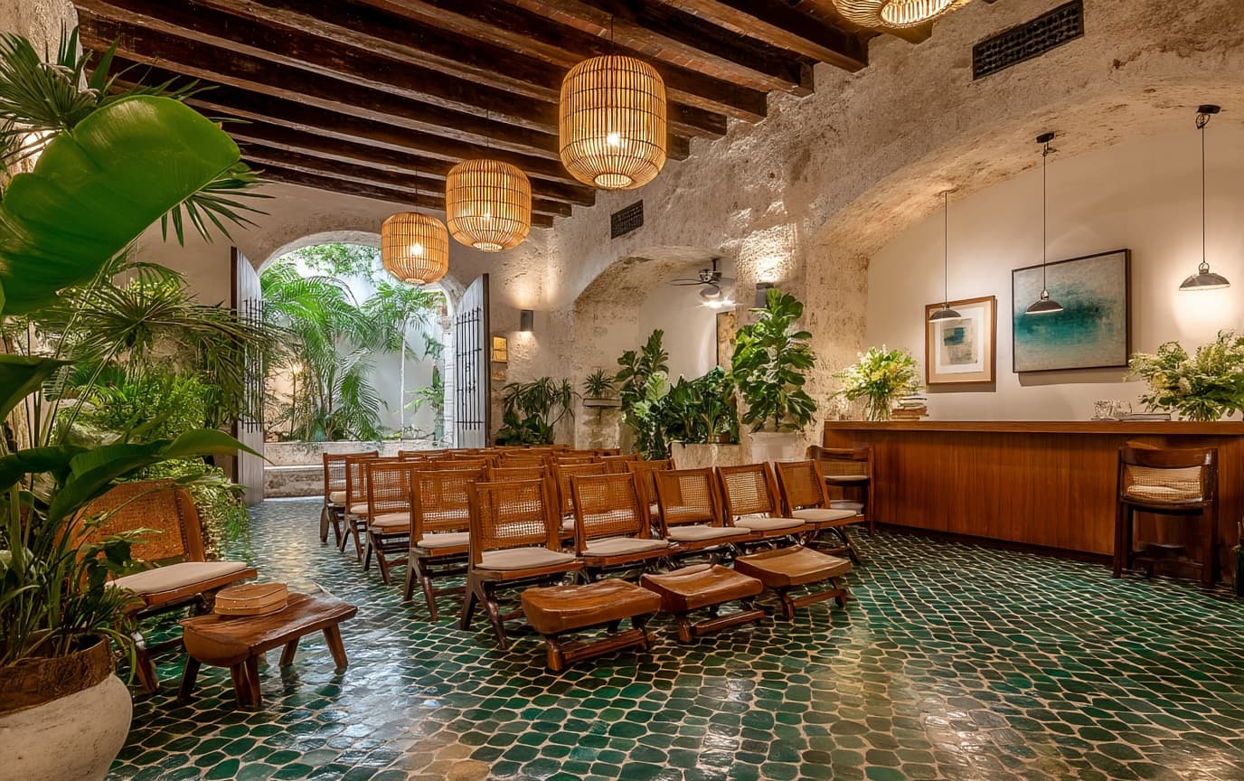 Salón principal de Ampare — foro cultural con barra de bar, arte en muros y piso de zellige