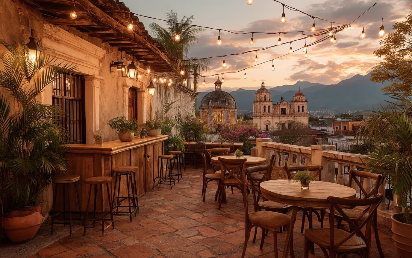 Terraza de Ampare al atardecer — vista de cúpulas de Xalapa, string lights y barra
