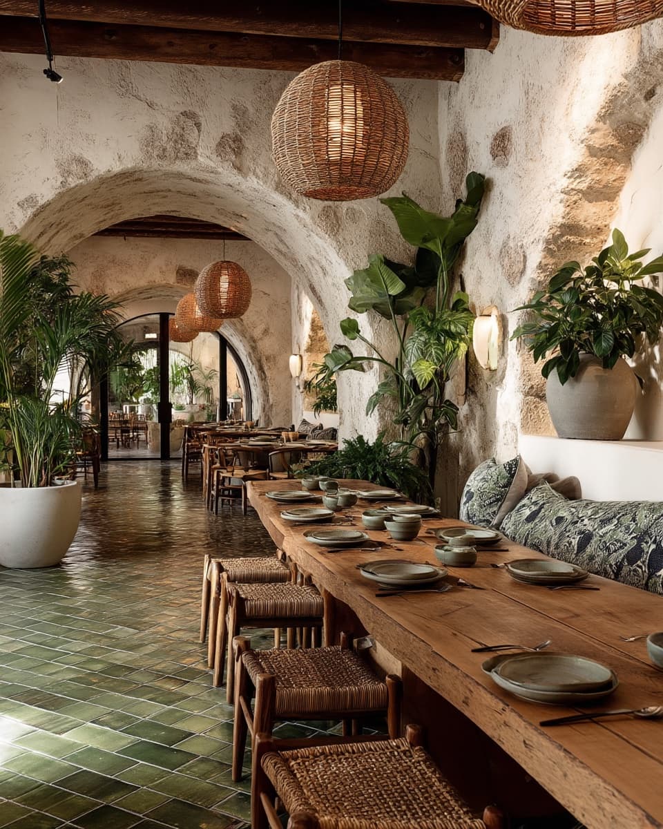 Interior de Ampare — mesa comunal con vajilla artesanal, piso de zellige verde y lámparas de ratán